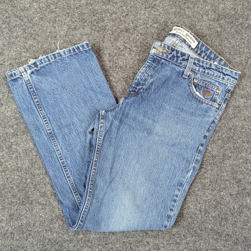 Harley-Davidson Womens Petite Blue Straight Leg Jeans Womens 8P Logo Distressed